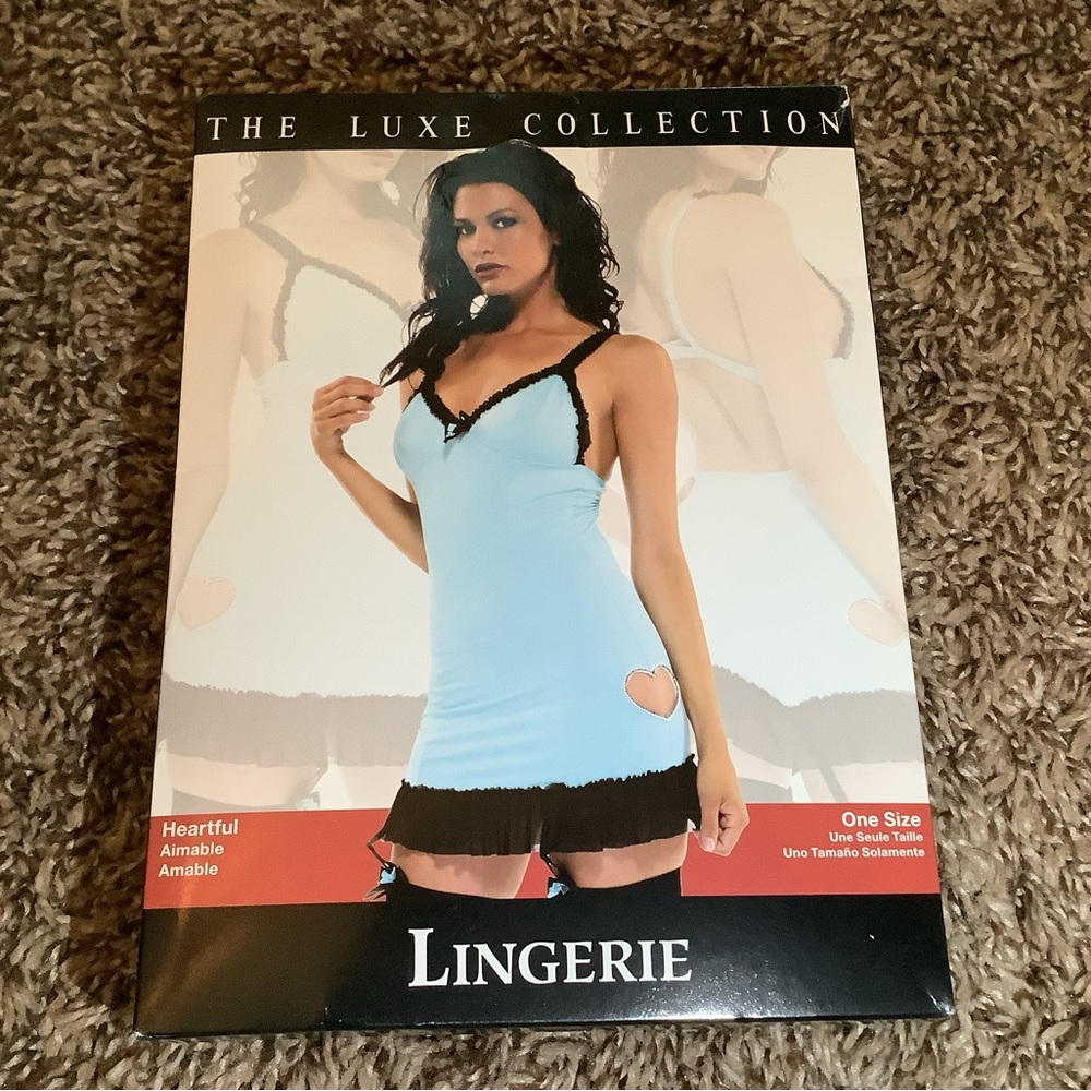 The Luxe Collection heartful teddy, thong, & stockings set, blue/black, One Size